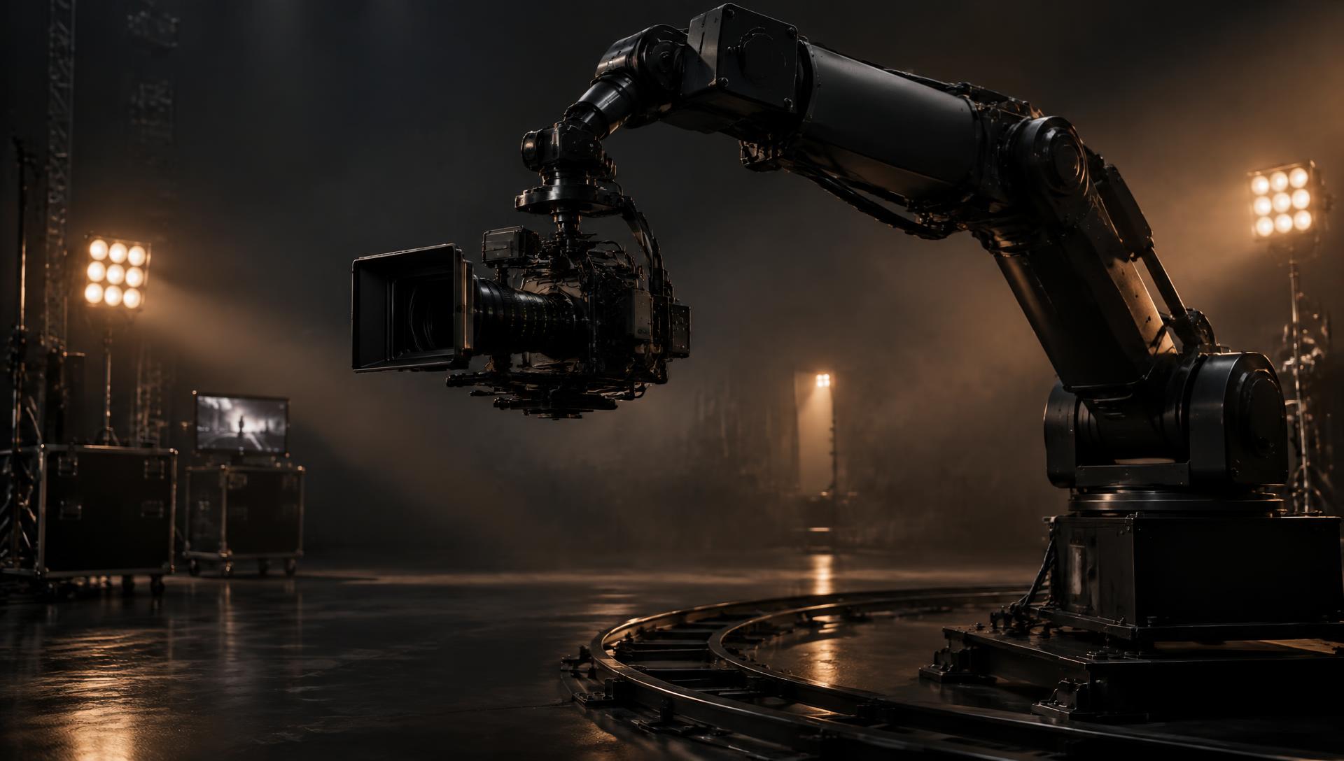 Robotic camera arm on a track inside a darkened production studio