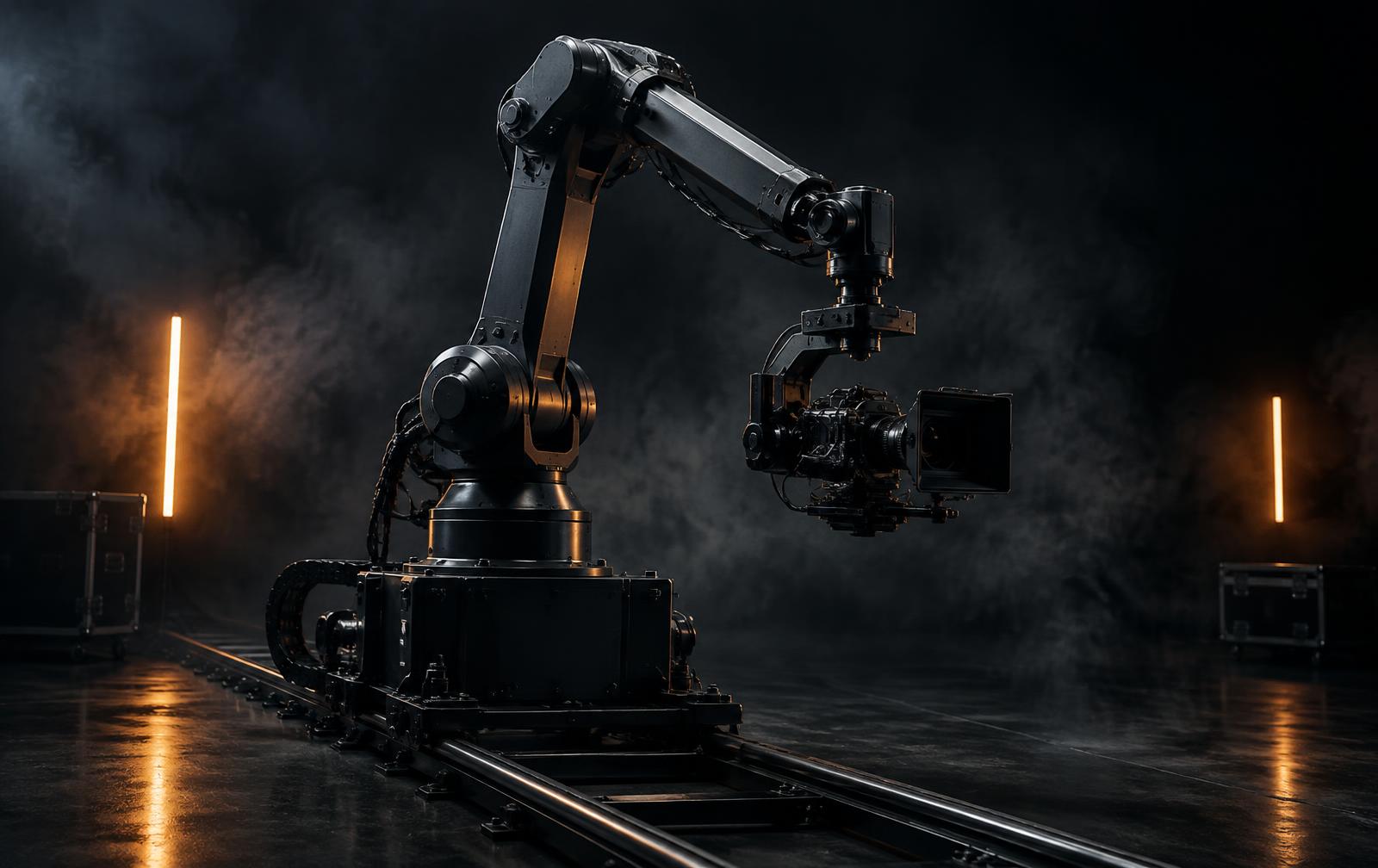 Motion-control robotic camera rig in a dark studio